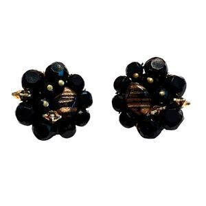 Vintage mid century clip on earrings black faceted glass crystals dramatic 60’s